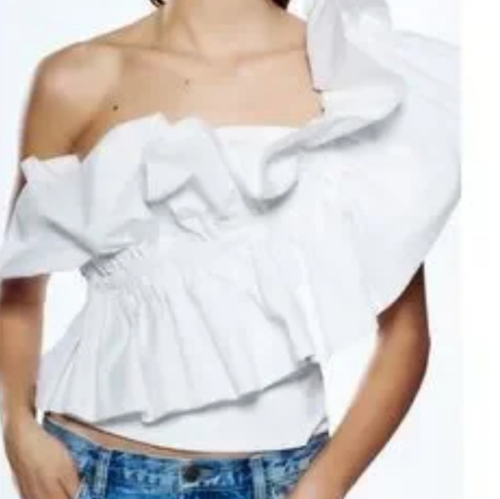 ZARA, WHITE POPLIN RUFFLE TOP SIZE SMALL NWT - Picture 2 of 3